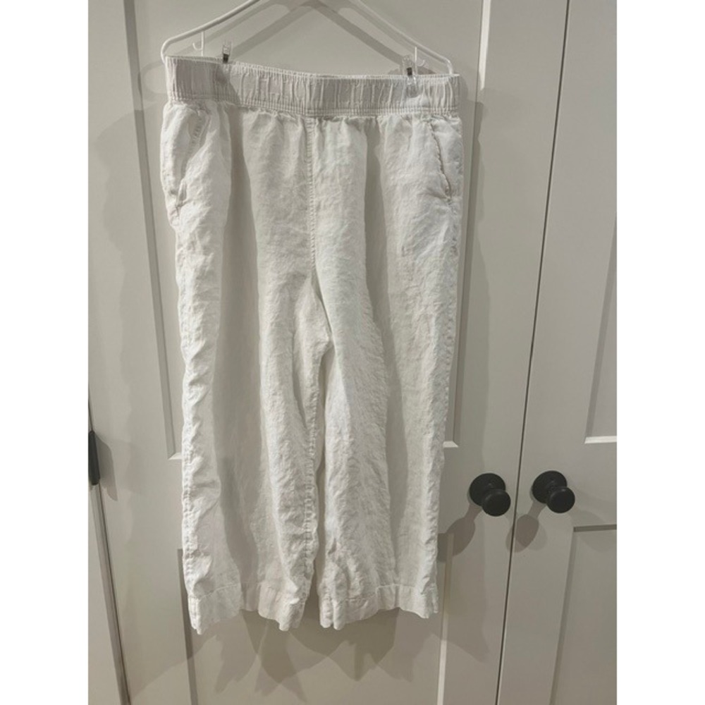 Tahari Essentials Womens XL White 100% Linen Wide Leg Elastic Waist Crop Pants